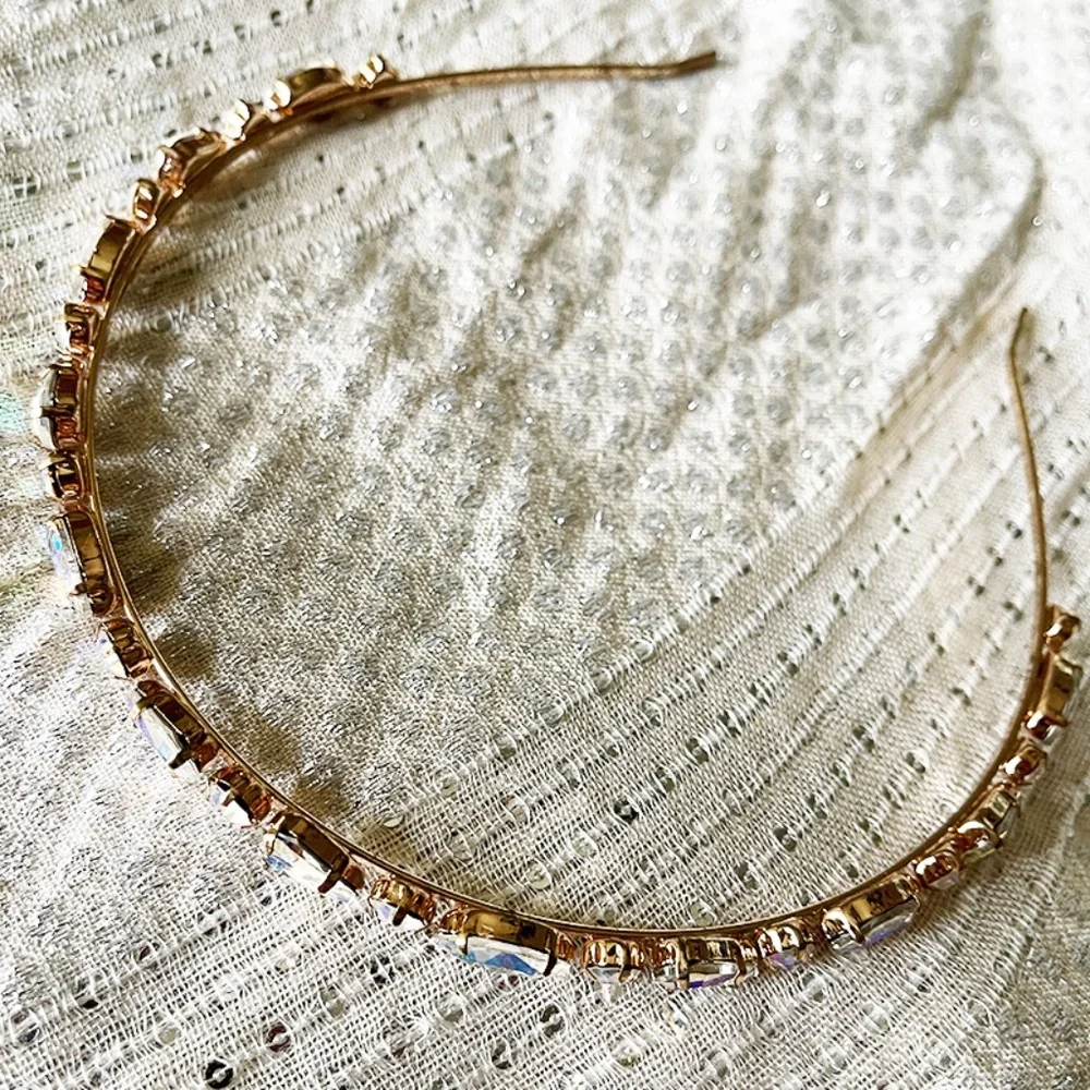 Iridescent Crystal Rhinestone Halo Headband Gold Bridal Hair Accessory OS